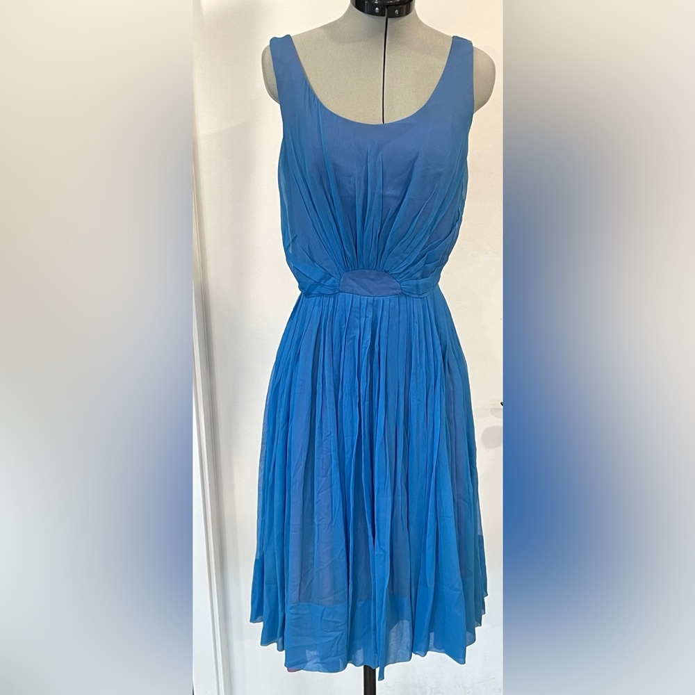 Vintage 50s silk chiffon dress w/ruched bodice, blue w/purple lining, GUC, XS